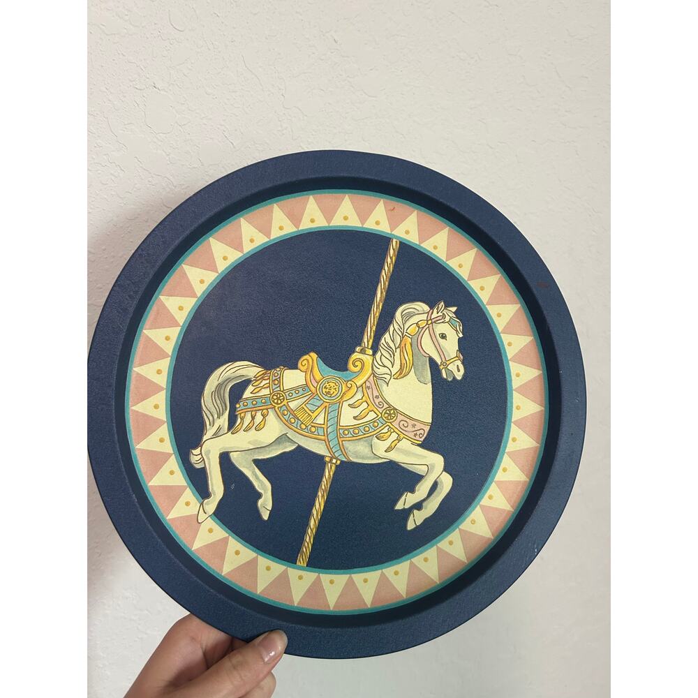 Carousel Pony 90s Round Plate Metal Tin- Navy blue some wear-Made in Taiwan
